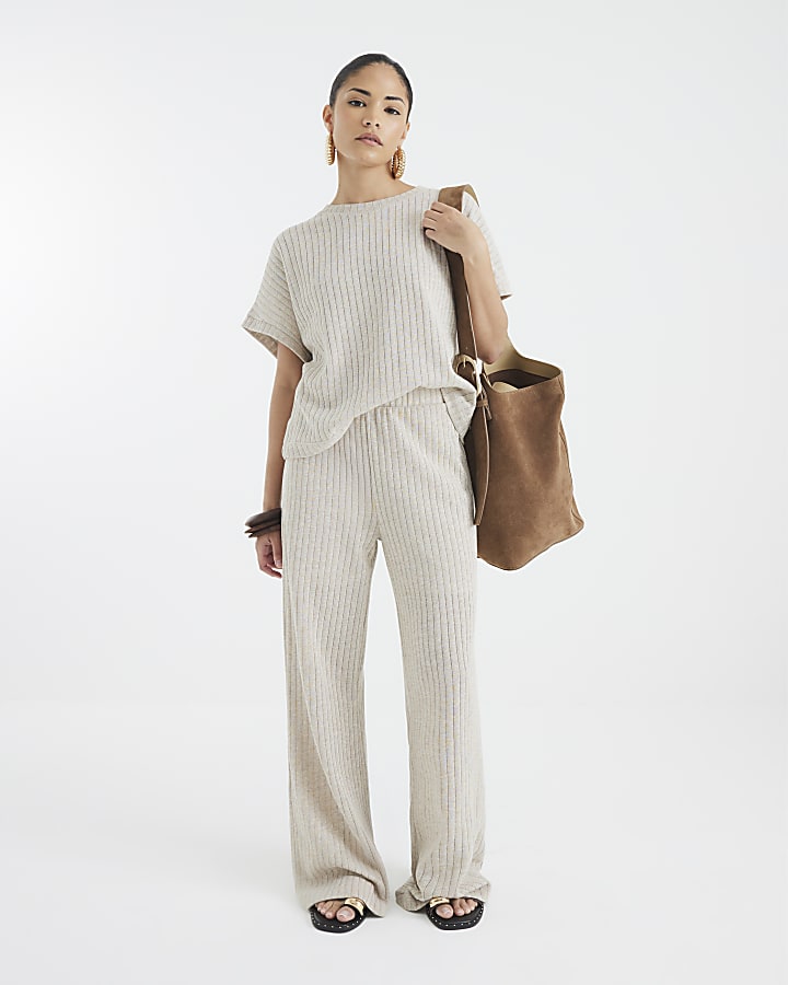 Petite Gold Knit Ribbed Wide Leg Trousers