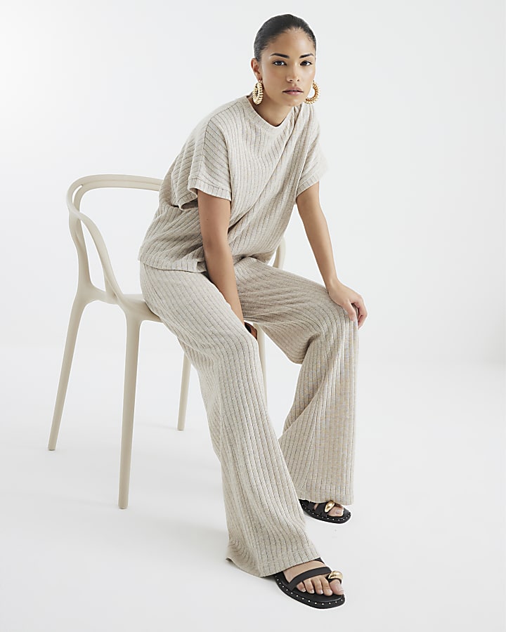 Petite Gold Knit Ribbed Wide Leg Trousers