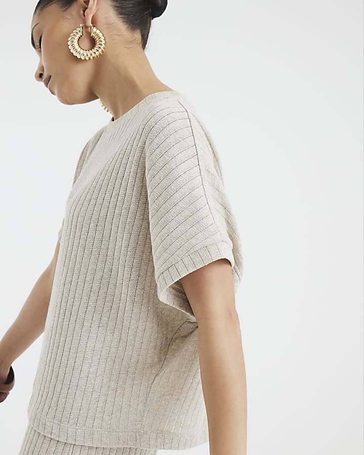 Petite Gold Short Sleeve Knit Ribbed T-shirt