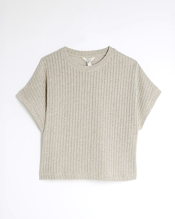 Petite Gold Short Sleeve Knit Ribbed T-shirt
