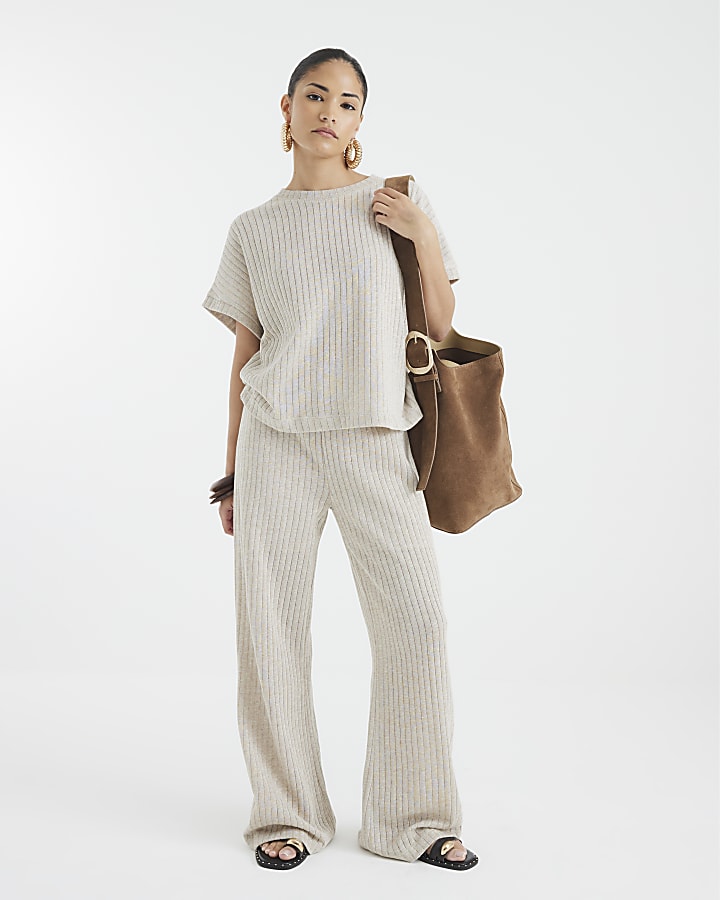 Petite Gold Short Sleeve Knit Ribbed T-shirt