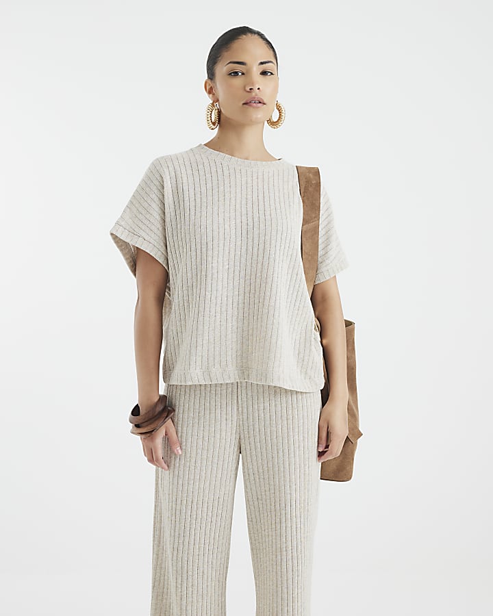 Petite Gold Short Sleeve Knit Ribbed T-shirt