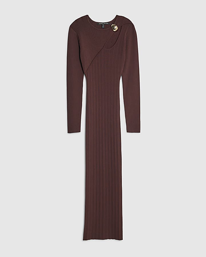 Brown Cut out rib midi dress