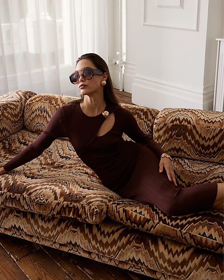 Brown Cut out rib midi dress