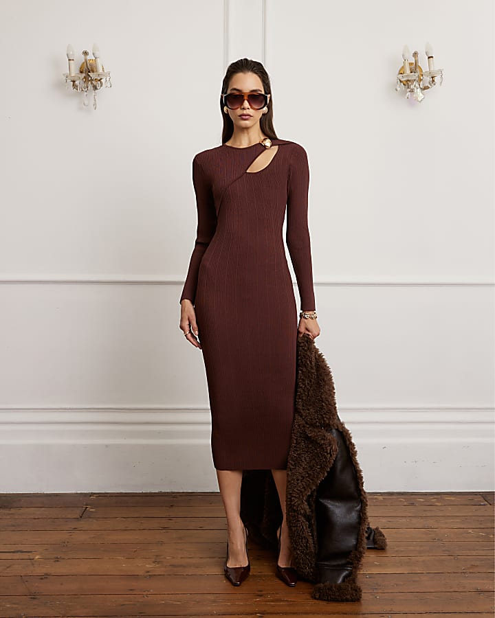 Brown Cut out rib midi dress