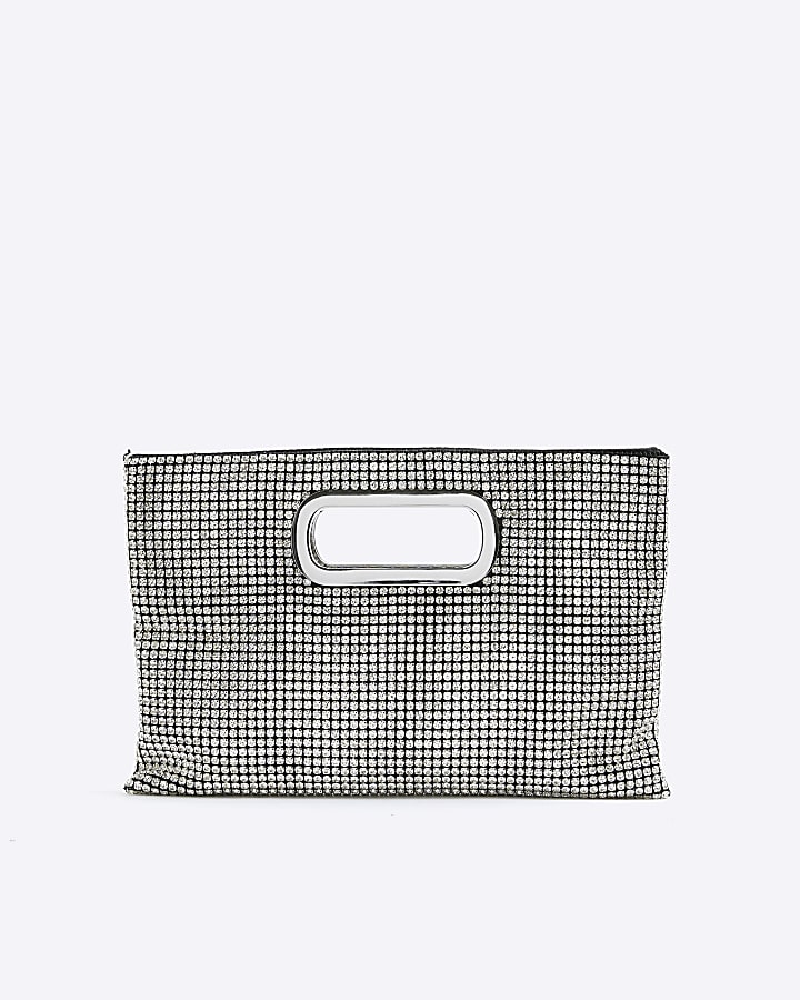Silver Metal Handle Diamante Clutch Bag