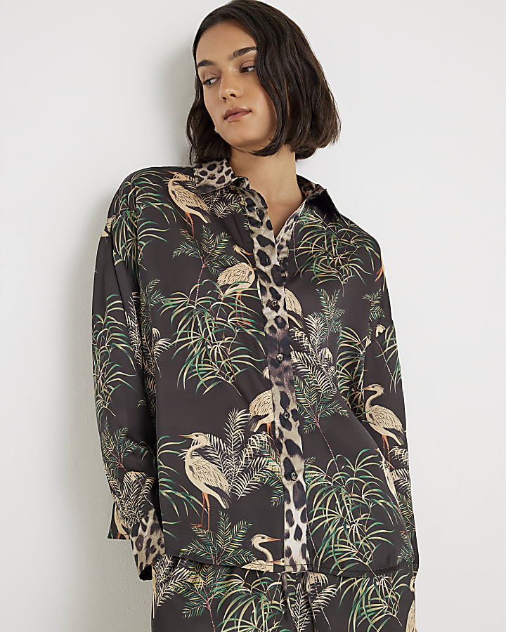 Black Bird Print Satin Pyjama Set