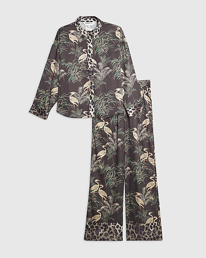 Black Bird Print Satin Pyjama Set