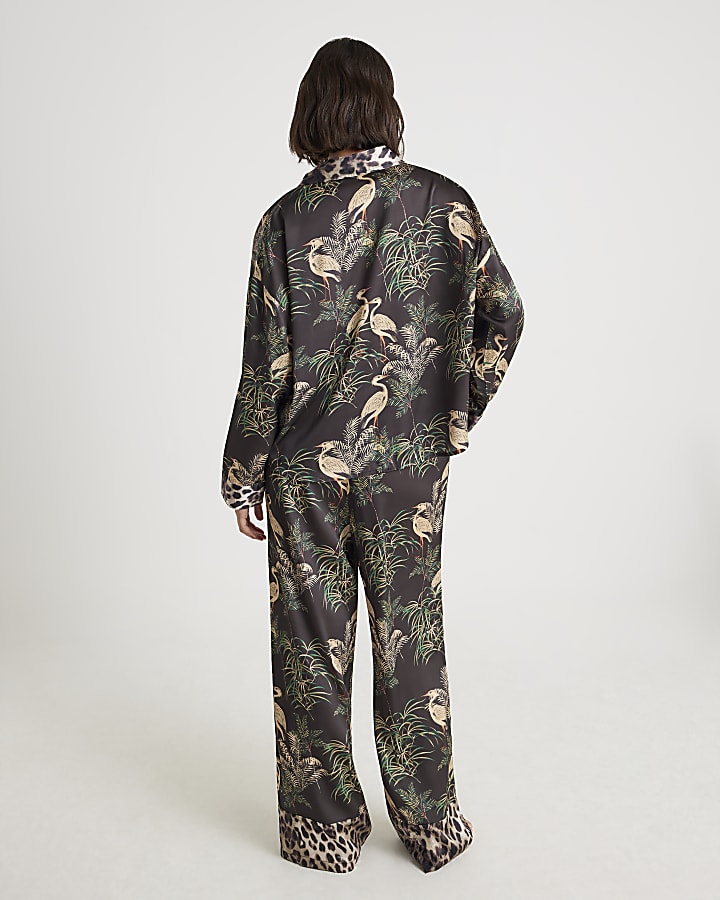 Black Bird Print Satin Pyjama Set
