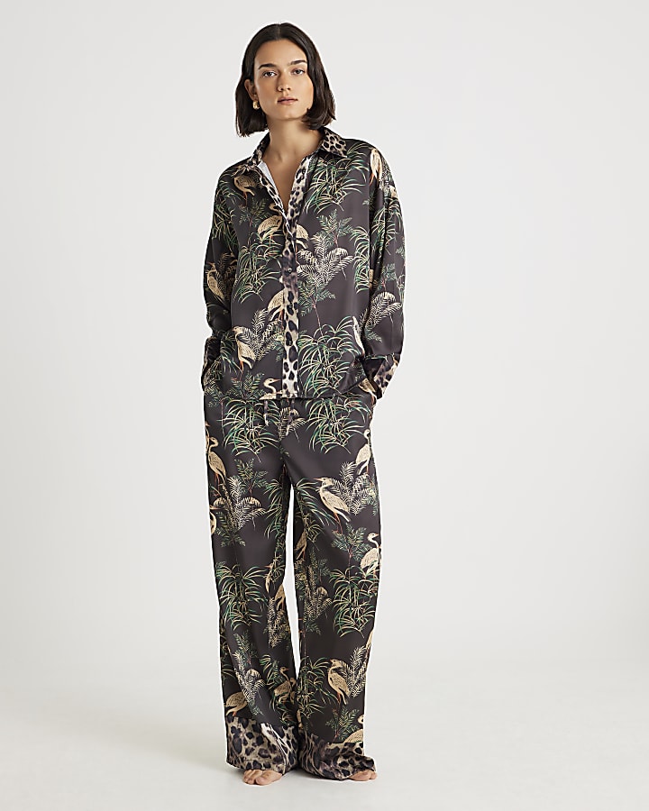Black Bird Print Satin Pyjama Set