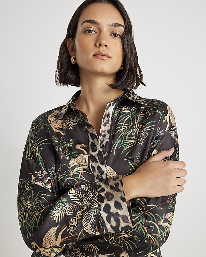 Black Bird Print Satin Pyjama Set
