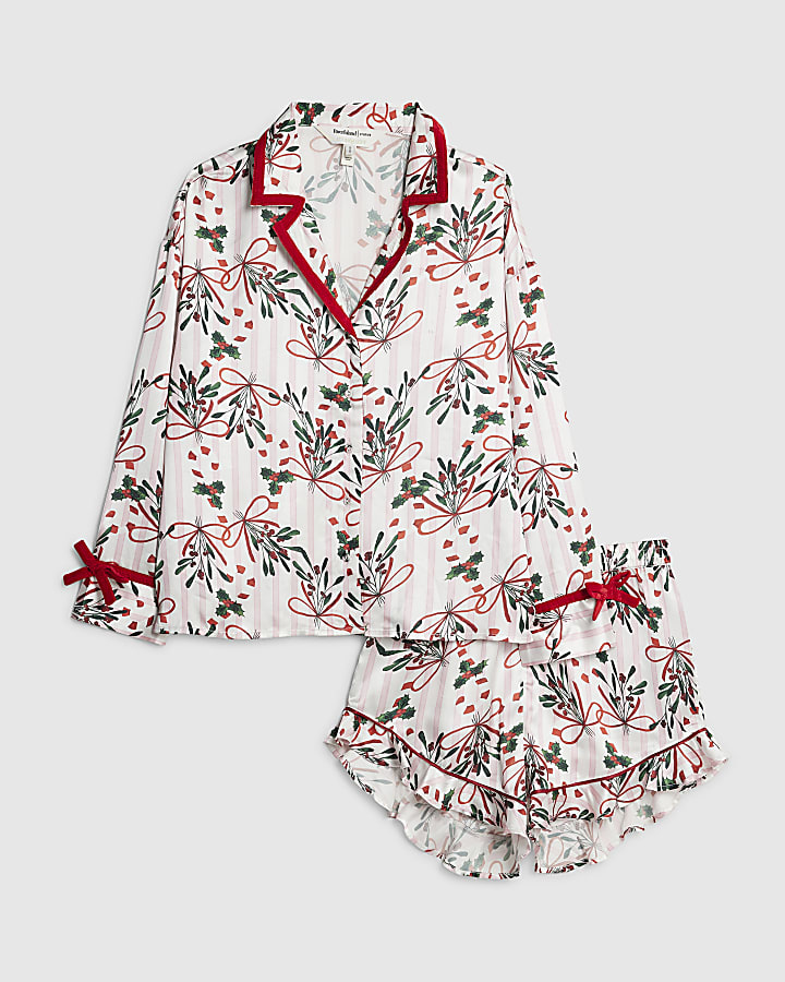White Mistletoe Satin Pyjamas Set