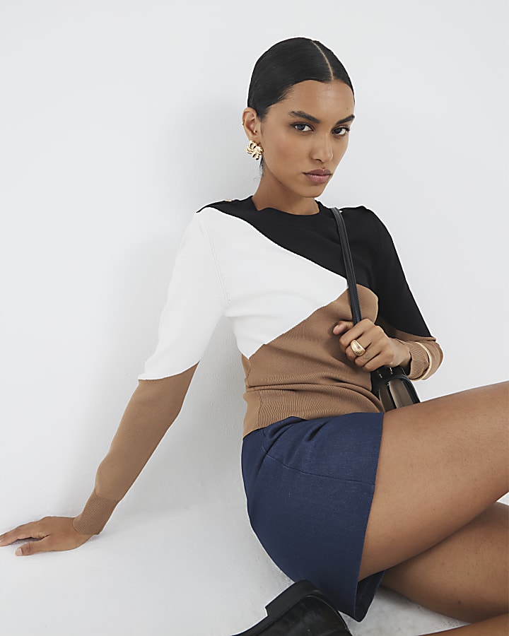 Beige Knit Long Sleeve Block Colour Top
