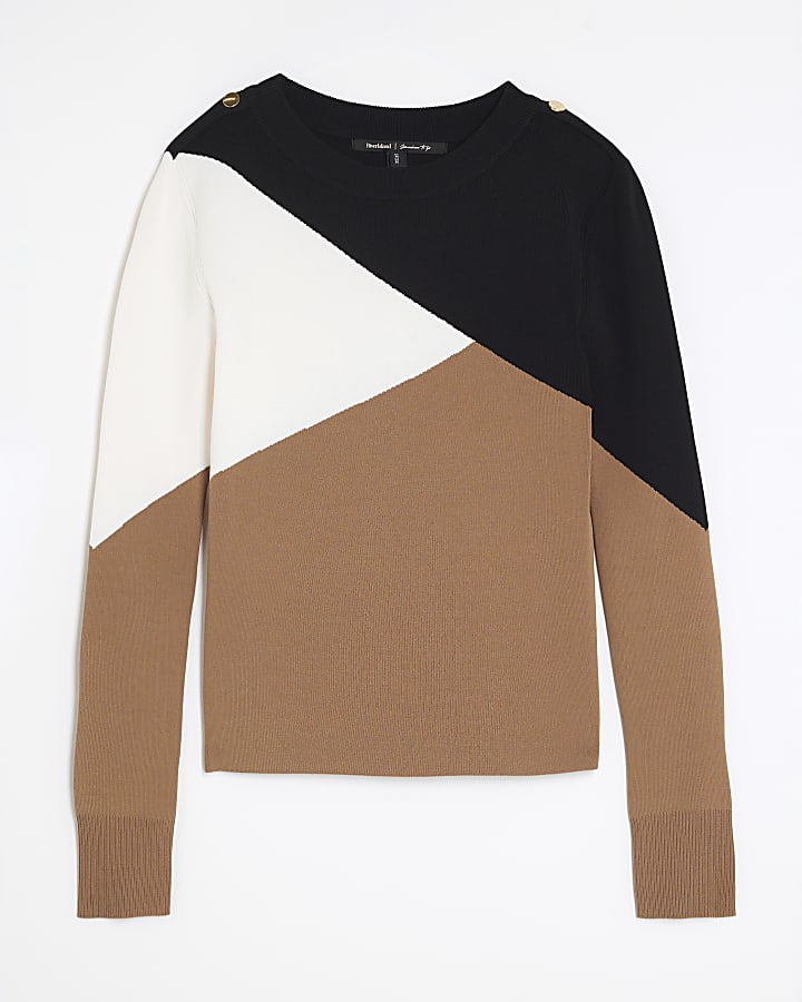 Beige Knit Long Sleeve Block Colour Top