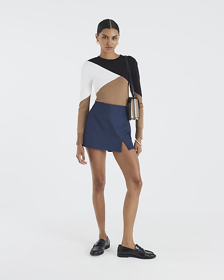 Beige Knit Long Sleeve Block Colour Top