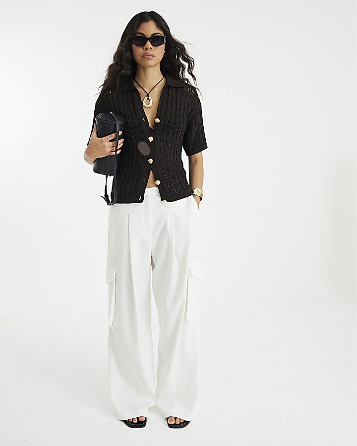 Brown Crochet Knit Polo Top