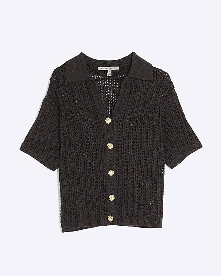 Brown Crochet Knit Polo Top