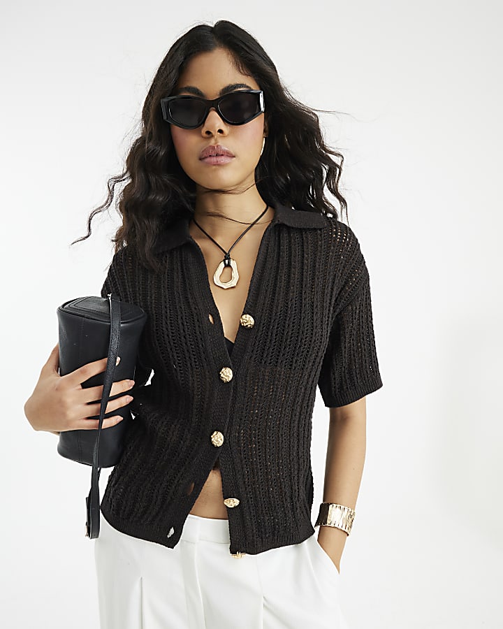 Brown Crochet Knit Polo Top