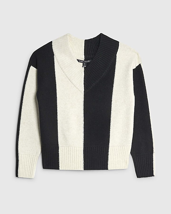 Black V Neck Striped Jumper