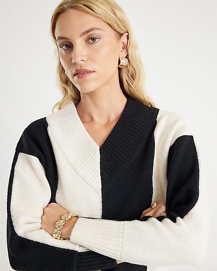 Black V Neck Striped Jumper