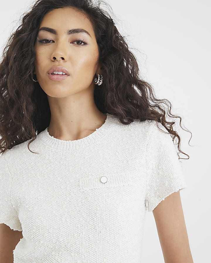 White Short Sleeve Boucle T-shirt