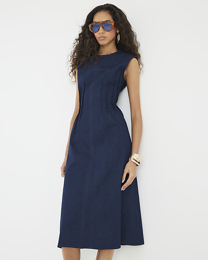 Blue Denim Pintuck Stretch Denim Midi Dress