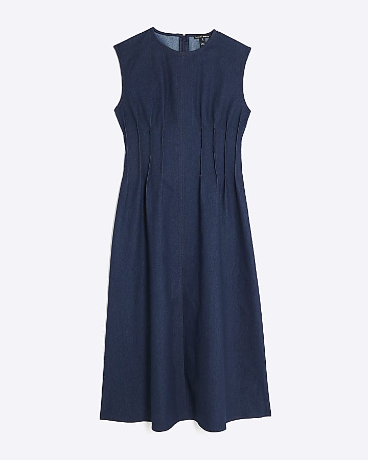 Blue Denim Pintuck Stretch Denim Midi Dress