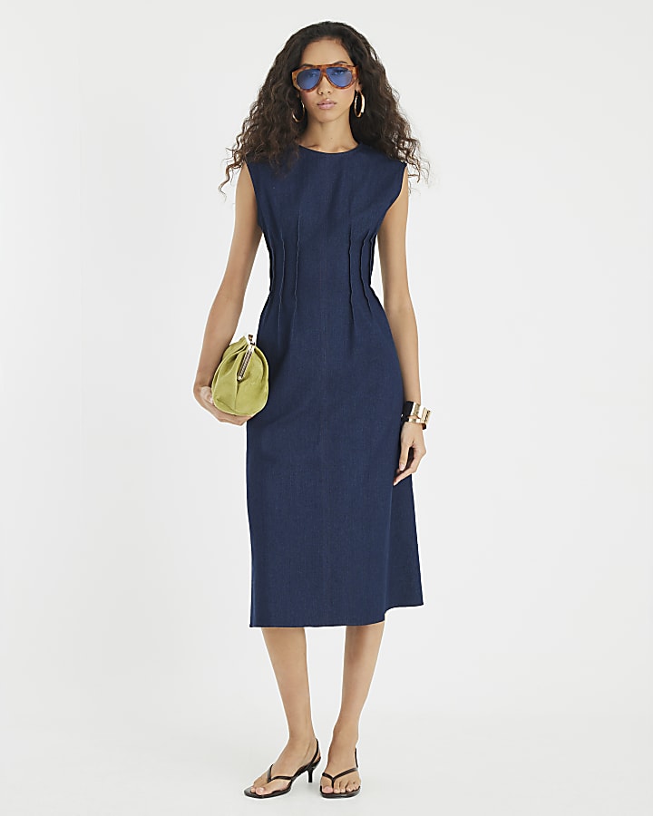 Blue Denim Pintuck Stretch Denim Midi Dress