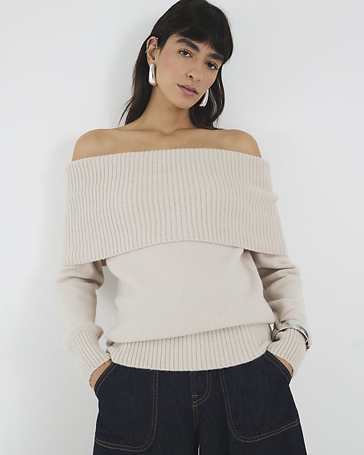 Cream Knitted Bardot Jumper