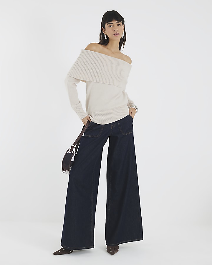 Cream Knitted Bardot Jumper