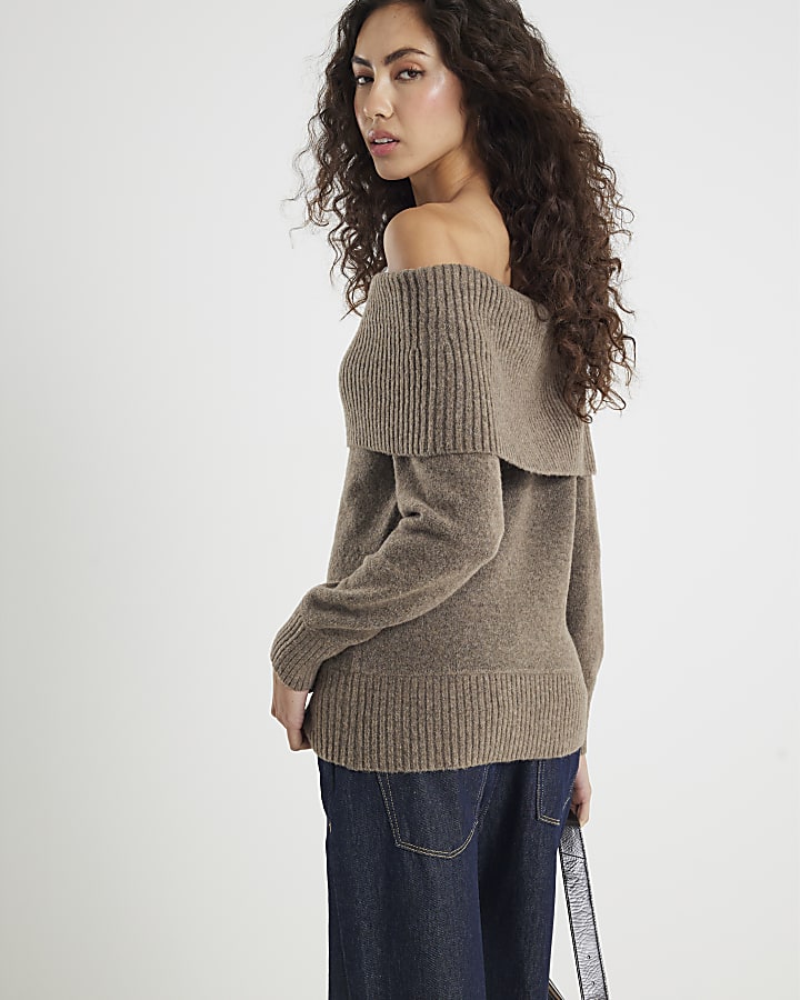 Brown Knitted Bardot Jumper