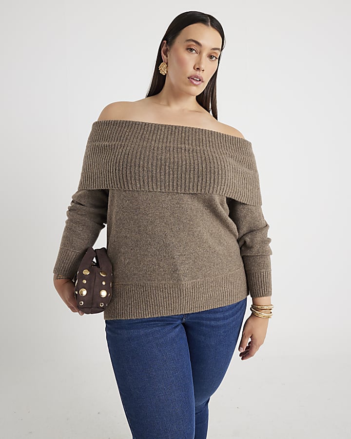 Brown Knitted Bardot Jumper