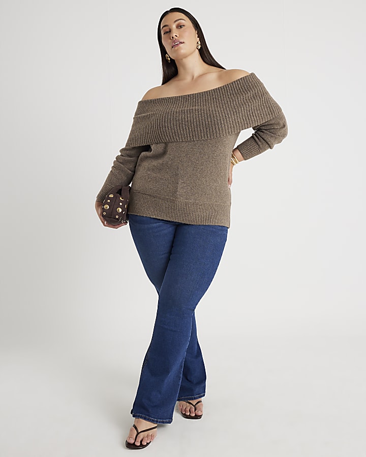 Brown Knitted Bardot Jumper