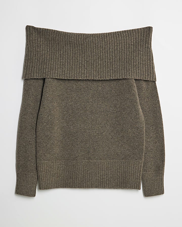 Brown Knitted Bardot Jumper