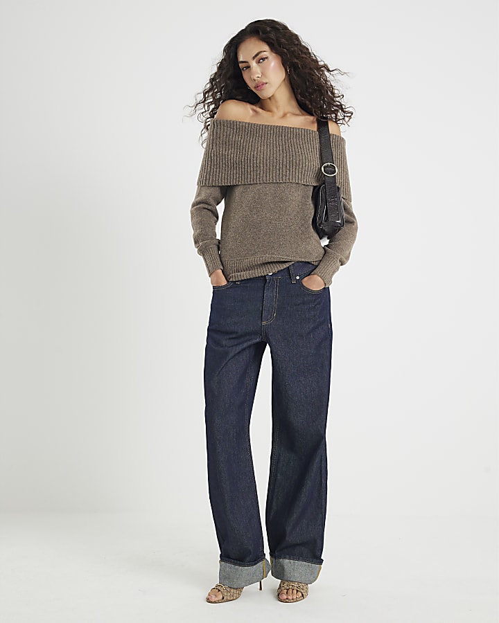Brown Knitted Bardot Jumper