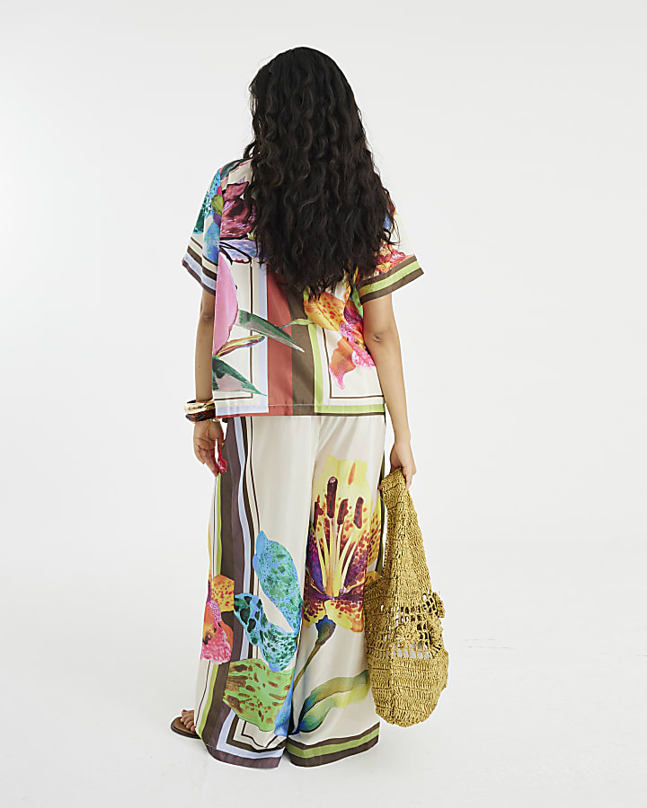 Multi Colour Tropical Print Wide Leg Trousers