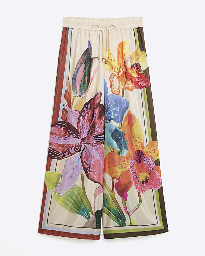 Multi Colour Tropical Print Wide Leg Trousers