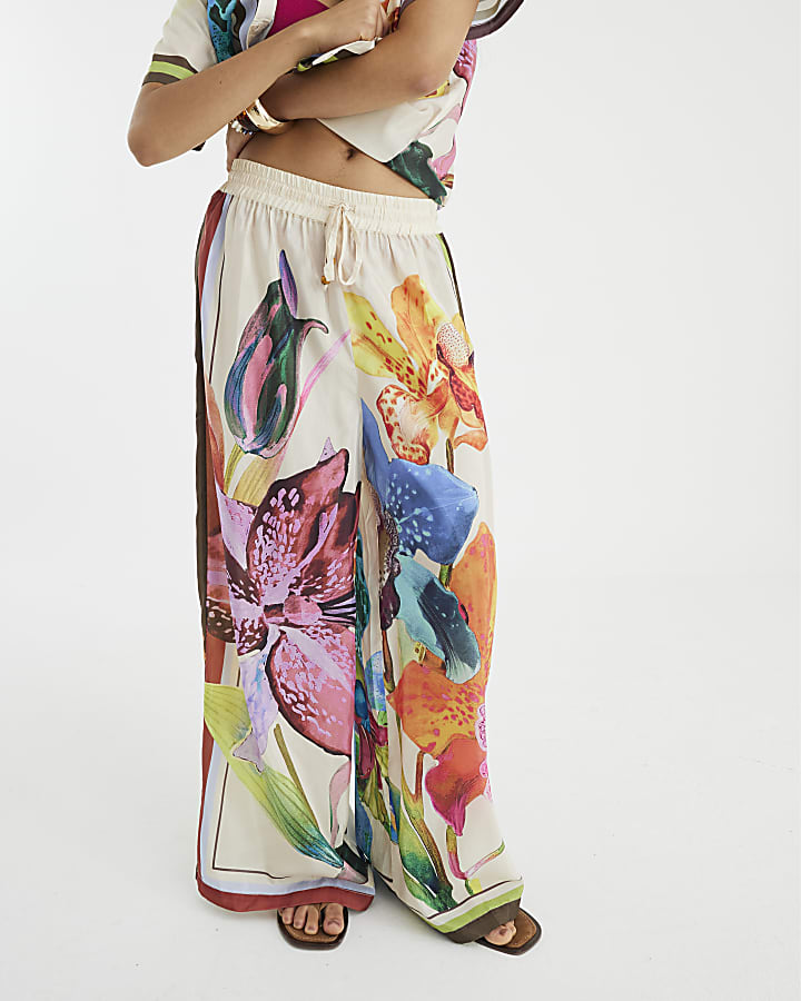 Multi Colour Tropical Print Wide Leg Trousers