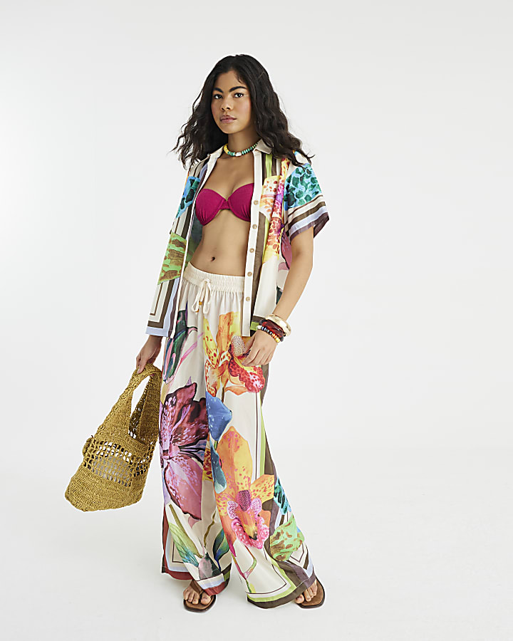 Multi Colour Tropical Print Wide Leg Trousers