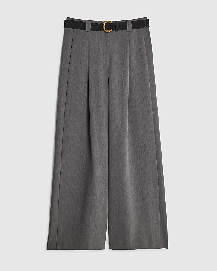 Grey Belted Wide Leg Trousers