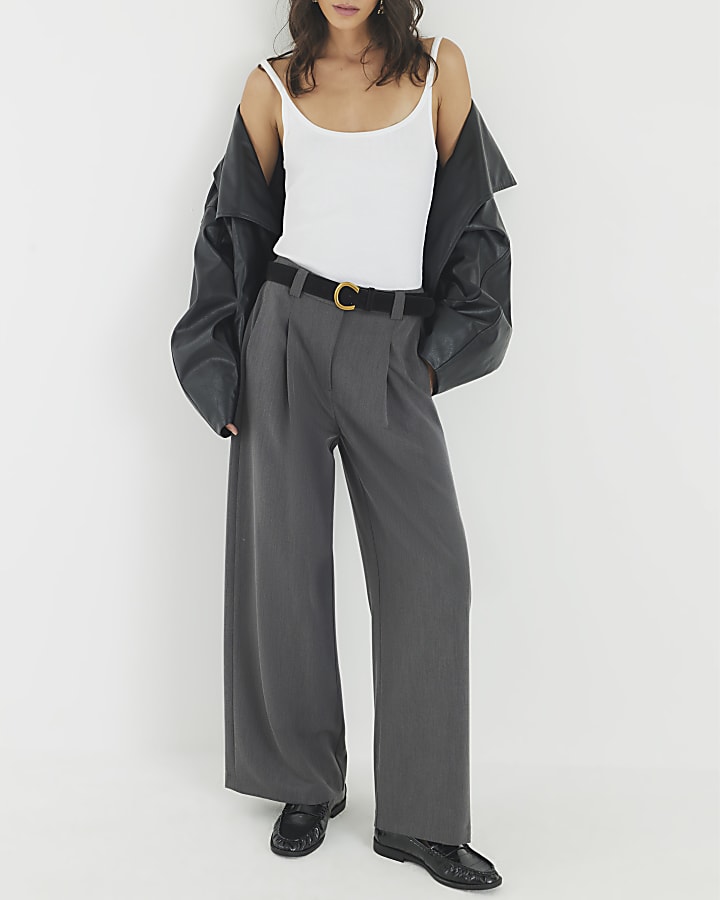 Grey Belted Wide Leg Trousers