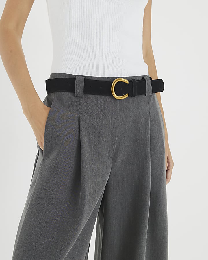Grey Belted Wide Leg Trousers