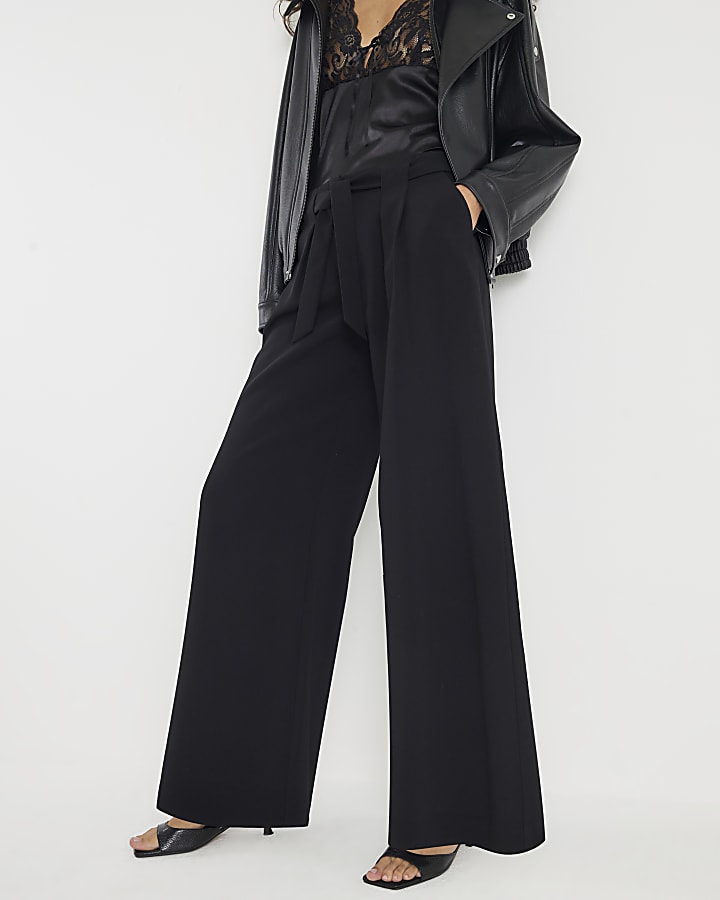 Black Tie Waist Wide Leg Trousers