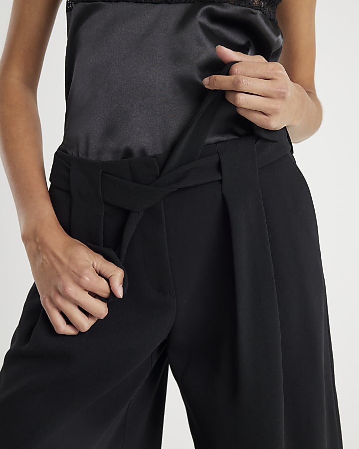 Black Tie Waist Wide Leg Trousers