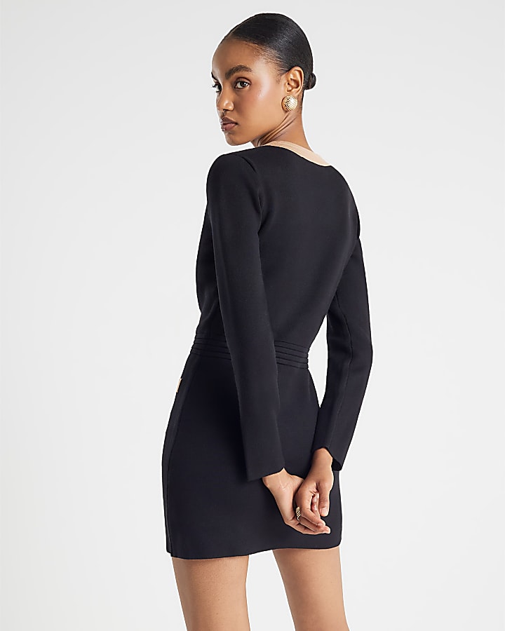 Black Long Sleeve Button Detail mini Dress