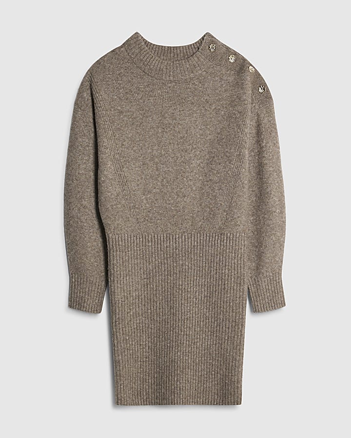 Brown Knitted Button Detail Mini Jumper Dress