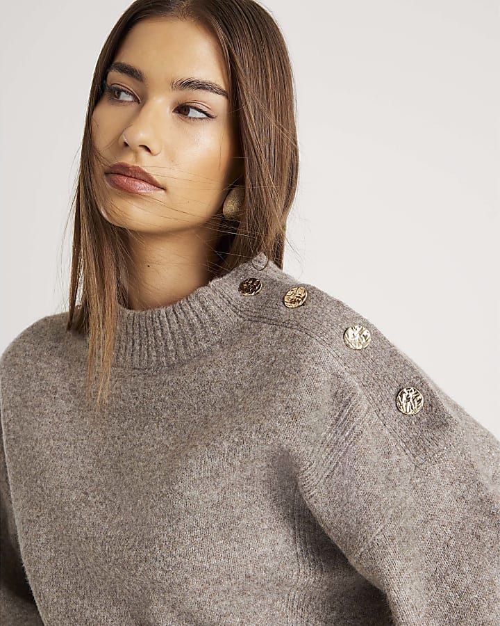 Brown Knitted Button Detail Mini Jumper Dress