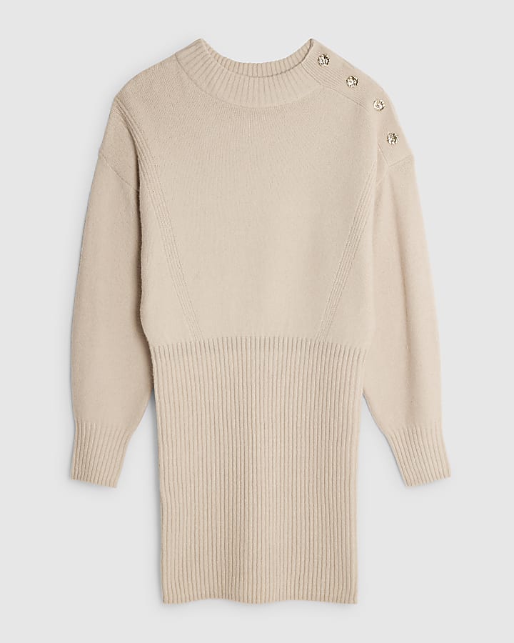 Cream Knitted Button Detail Mini Jumper Dress