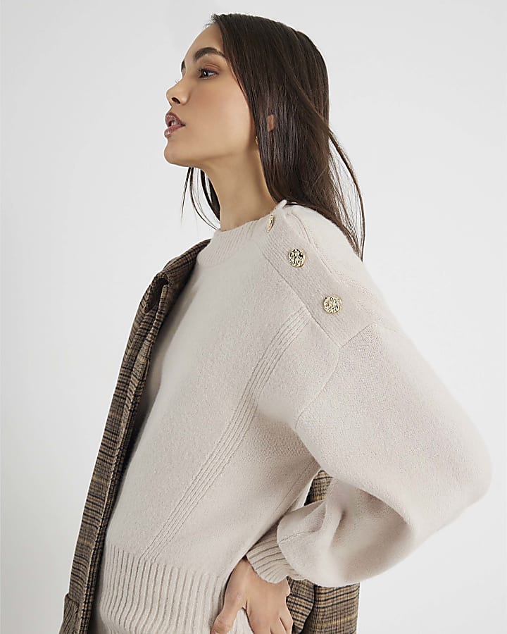 Cream Knitted Button Detail Mini Jumper Dress