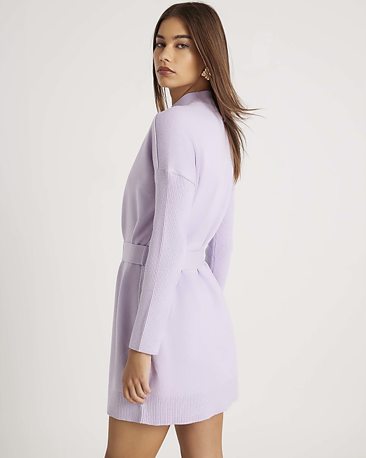 Purple Long Sleeve Belted Jumper Dress